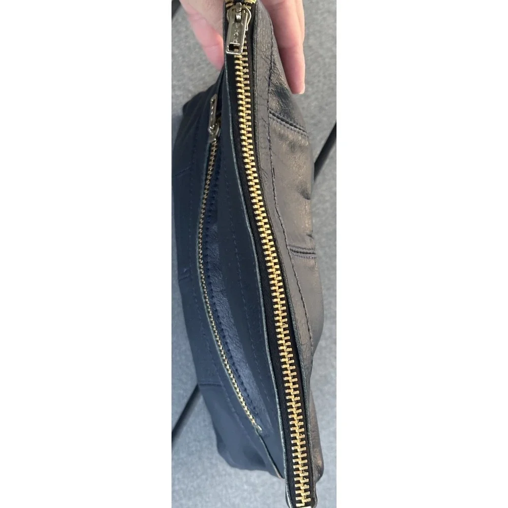Vintage VKK Fold over Navy Blue Leather Clutch Zipper Closure Two Compartments
